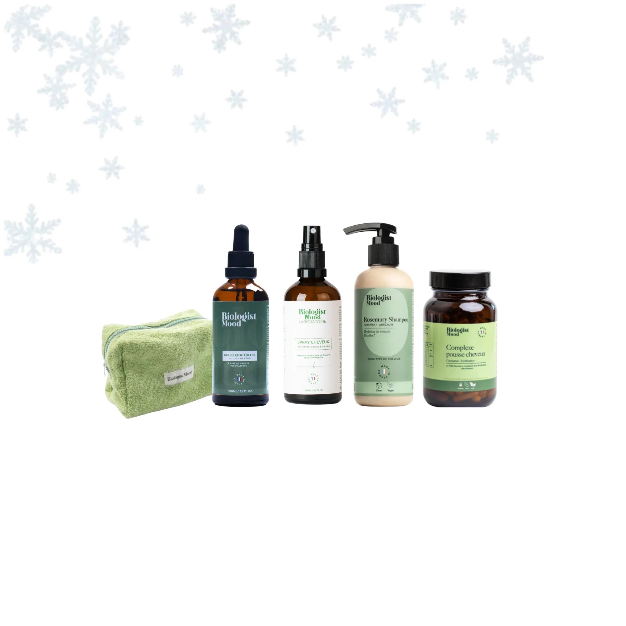 Protocole Complet Croissance 360° Biologist Mood avec huile pousse cheveux, lotion au romarin, shampoing fortifiant, complément alimentaire et trousse