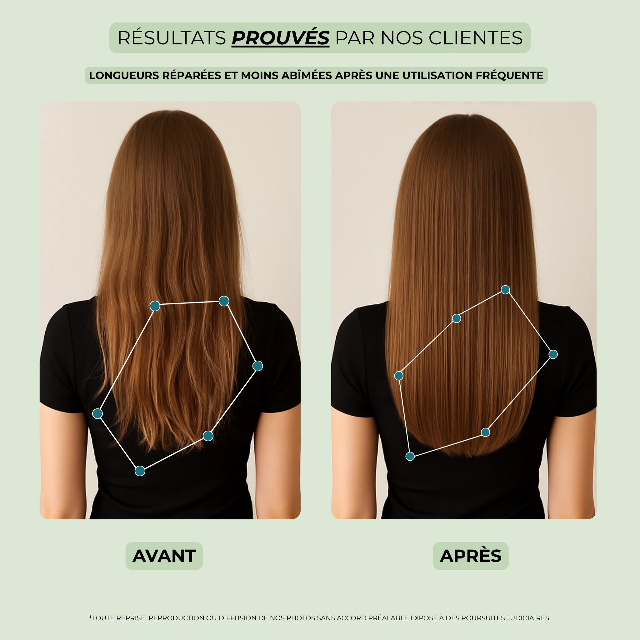 Résultat avant et après l’utilisation de Curae Oil sur cheveux abîmés, montrant des longueurs plus lisses et réparées