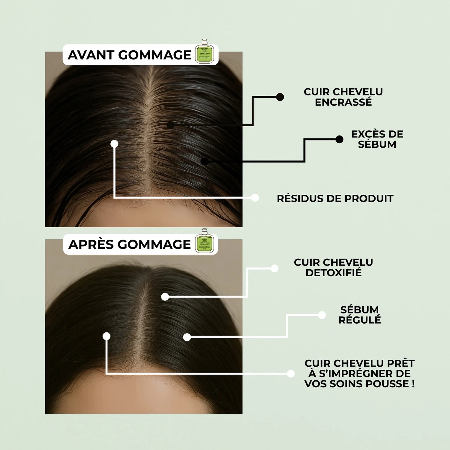 Résultats avant et après gommage capillaire Biologist Mood, cuir chevelu détoxifié et sain