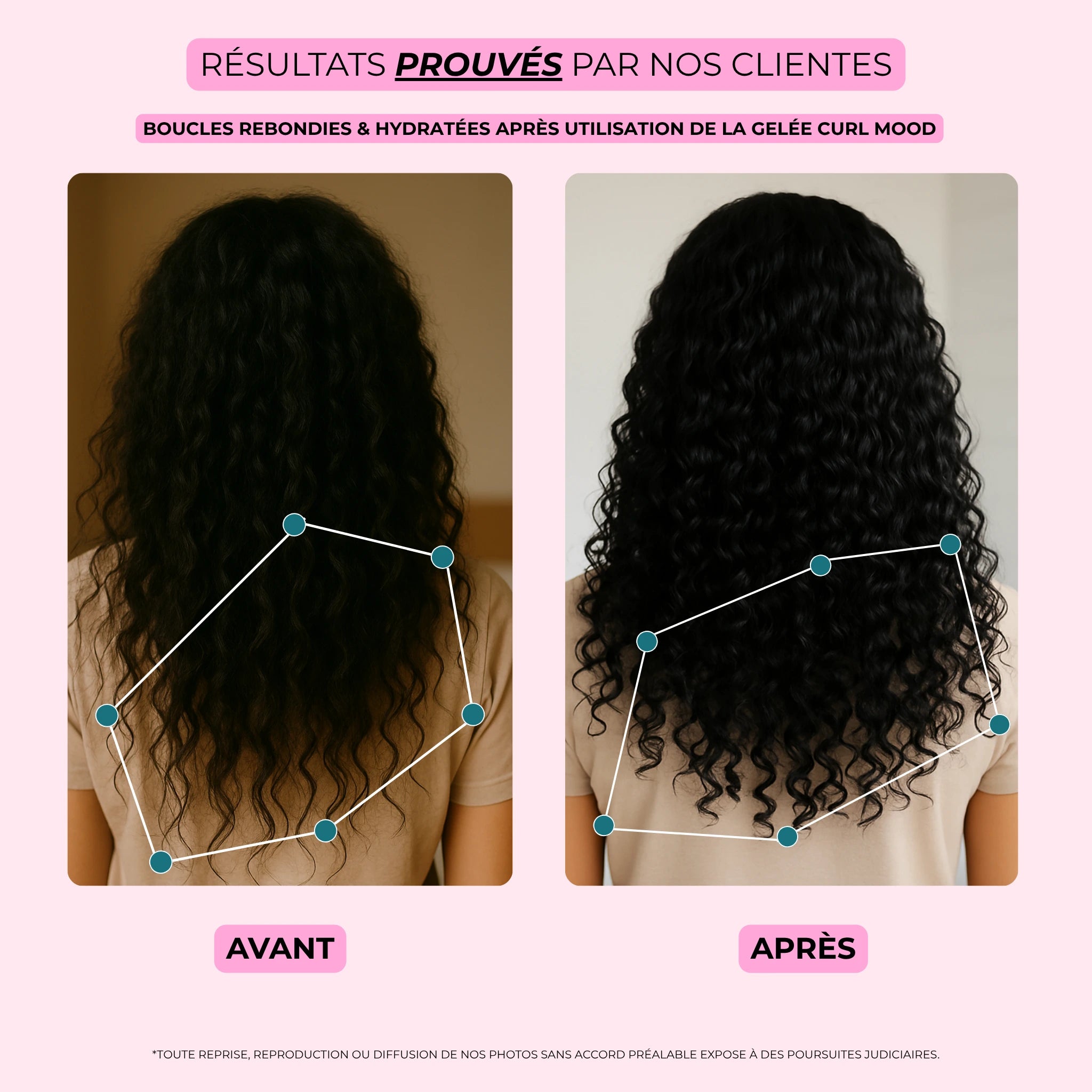 Résultat avant après avec la gelée capillaire boucles Curl Mood Care – définition et brillance
