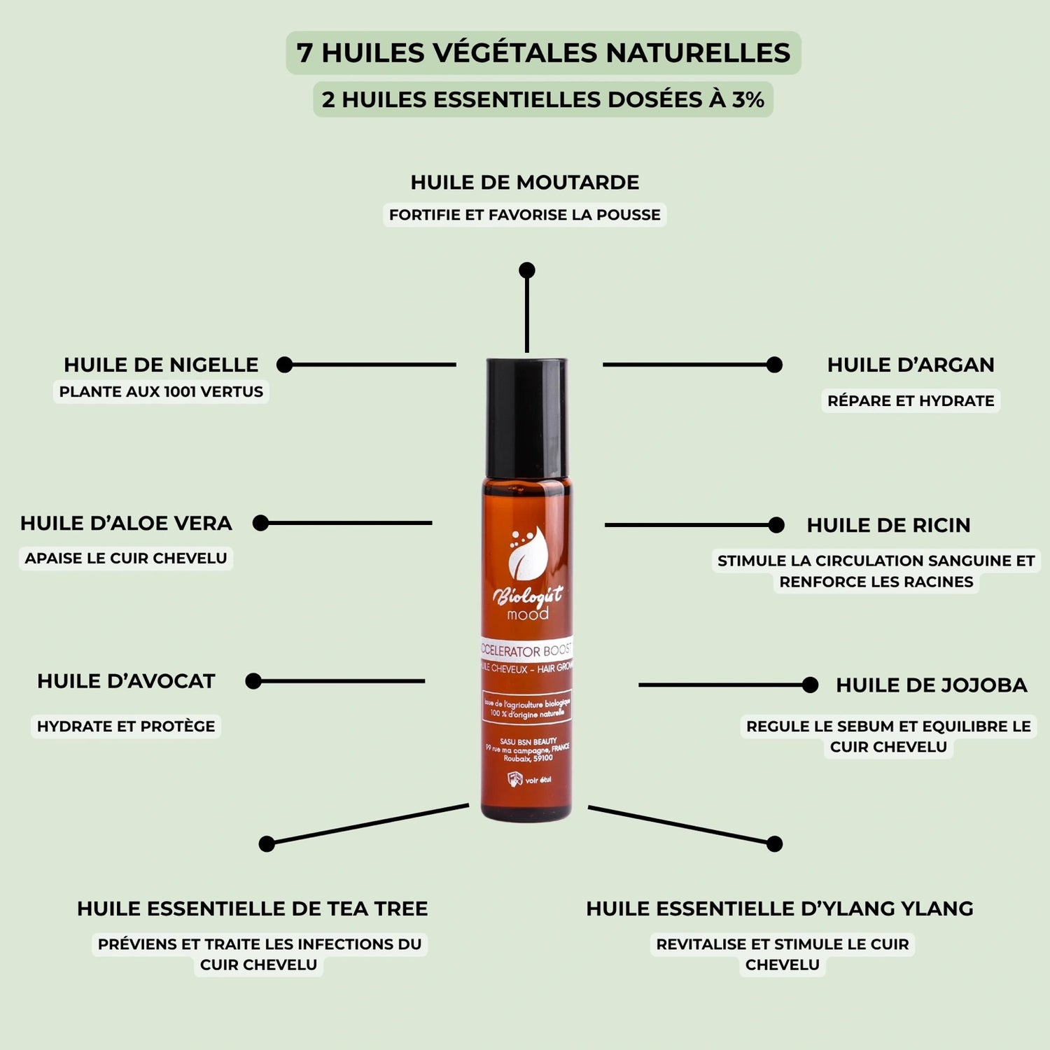 Composition huile cheveux Biologist Mood – 7 huiles végétales naturelles et 2 huiles essentielles.