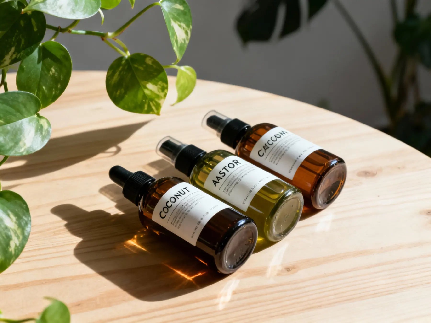 Trois huiles capillaires naturelles : coco, ricin et cacoon sur une table en bois