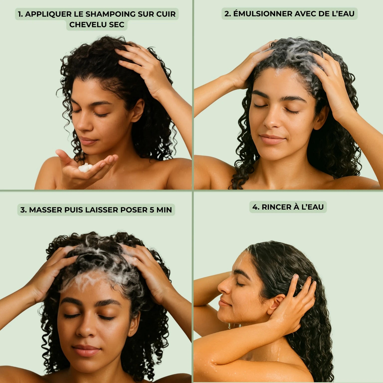 Femme appliquant le shampoing au romarin Biologist Mood sur cheveux secs avant de masser et rincer.