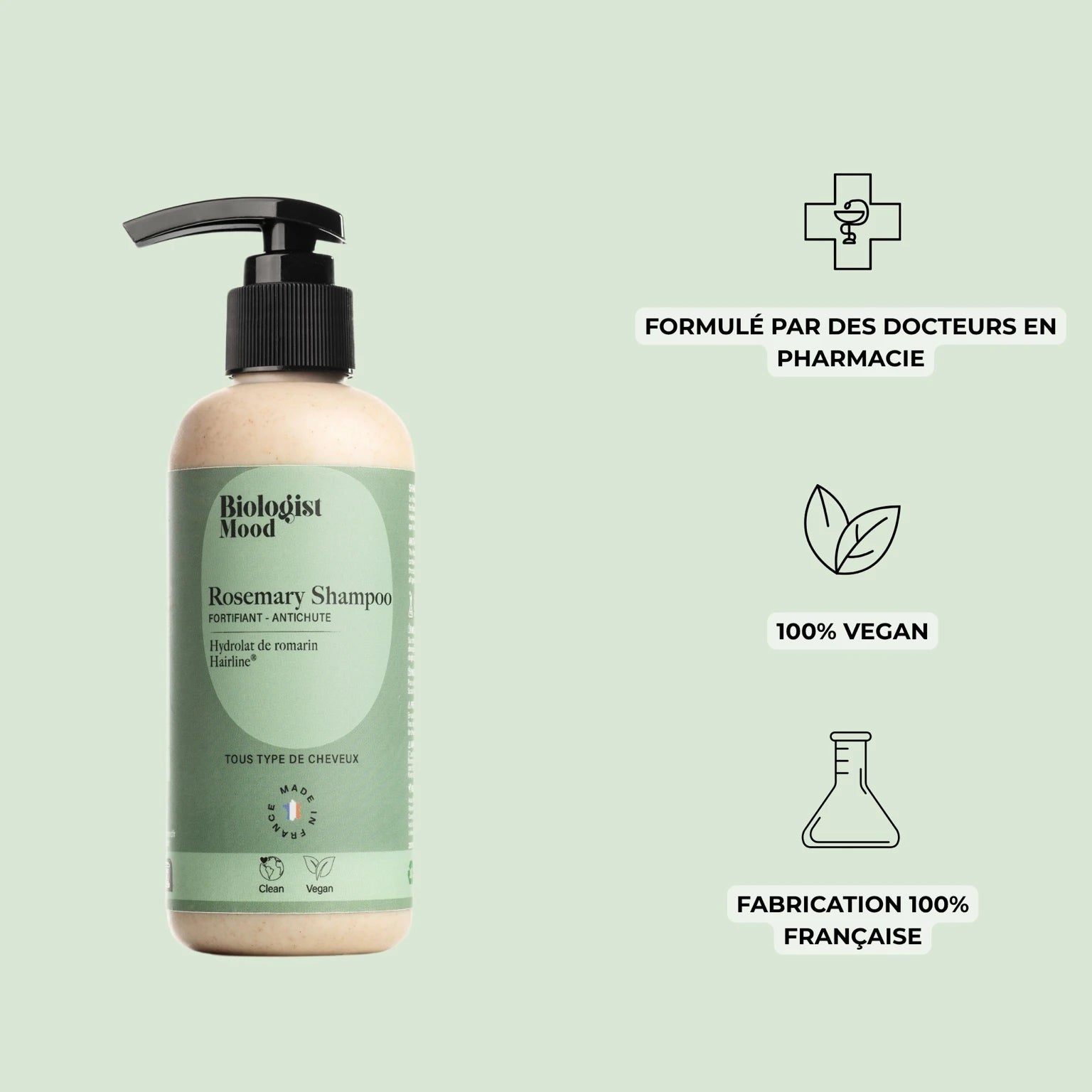 Composition naturelle du shampoing Biologist Mood au romarin avec actif breveté Hairline® pour stimuler la pousse.