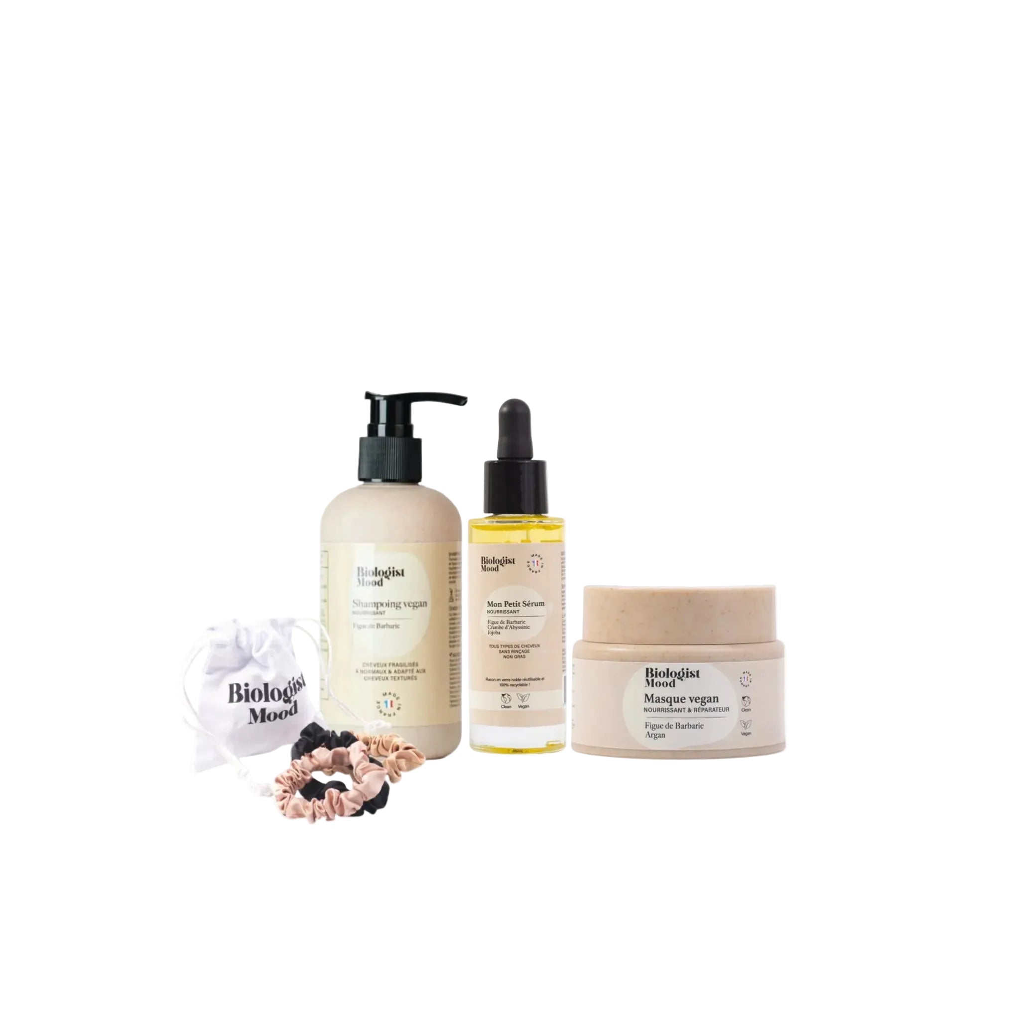 Gamme capillaire végane nourrissante Biologist Mood à la figue de barbarie : shampoing, masque, sérum et accessoires pour nourrir, réparer et sublimer tous types de cheveux