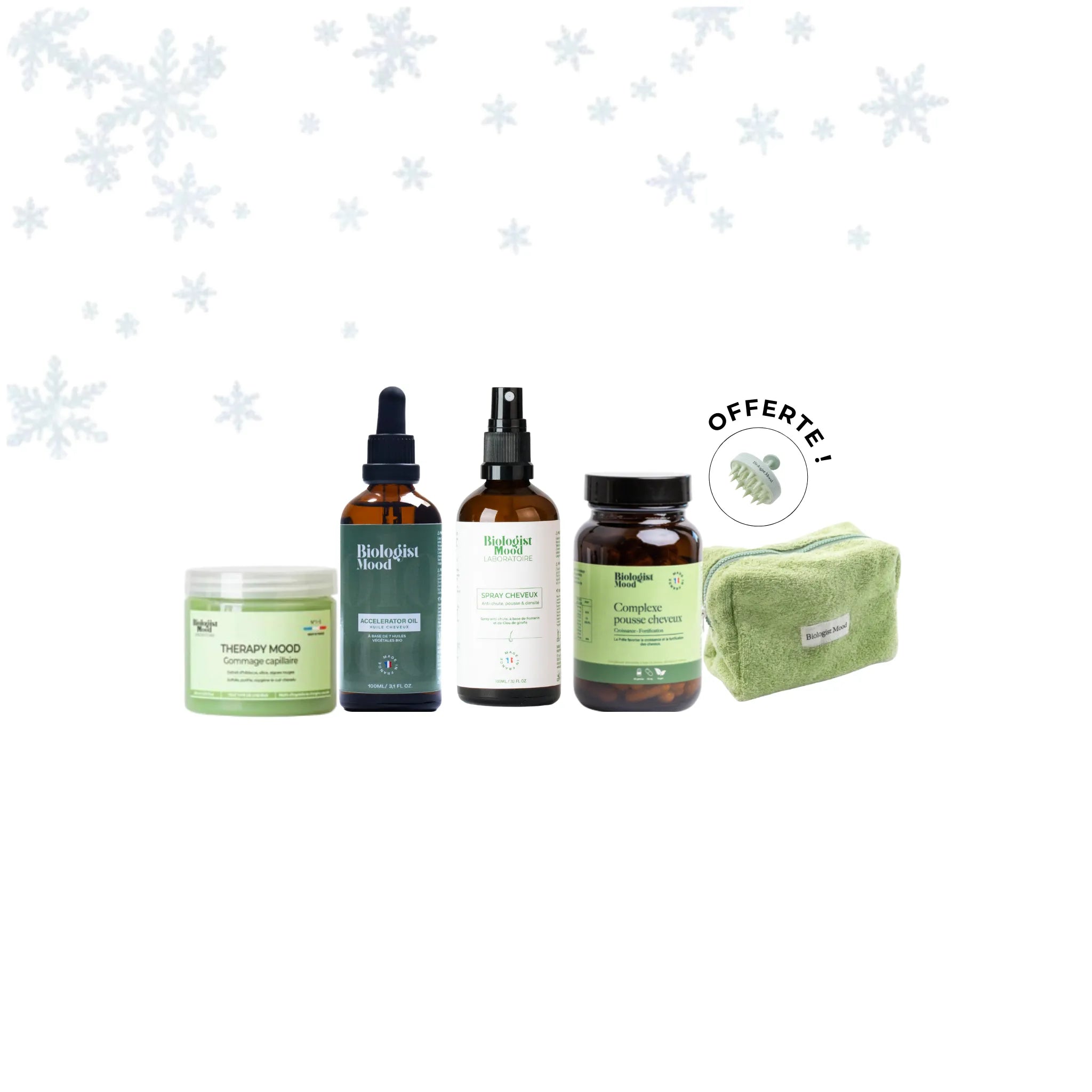 Protocole In and Out complet Biologist Mood avec gommage capillaire, huile pousse cheveux, lotion fortifiante, complément alimentaire et trousse pour stimuler la pousse et réduire la chute