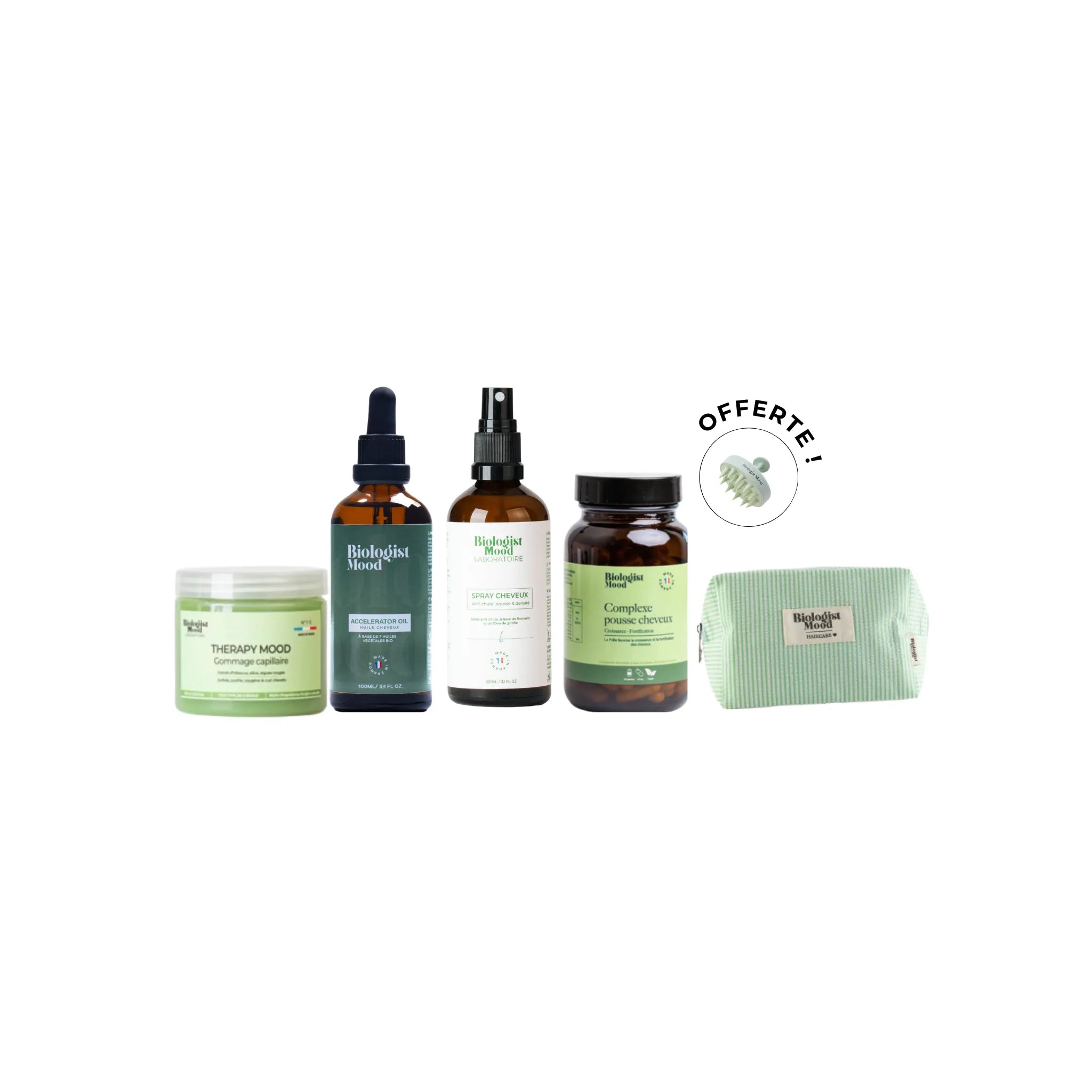Protocole pousse cheveux complet avec gommage capillaire, huile pousse cheveux, spray romarin, complément alimentaire et trousse Biologist Mood pour stimuler la croissance et réduire la chute