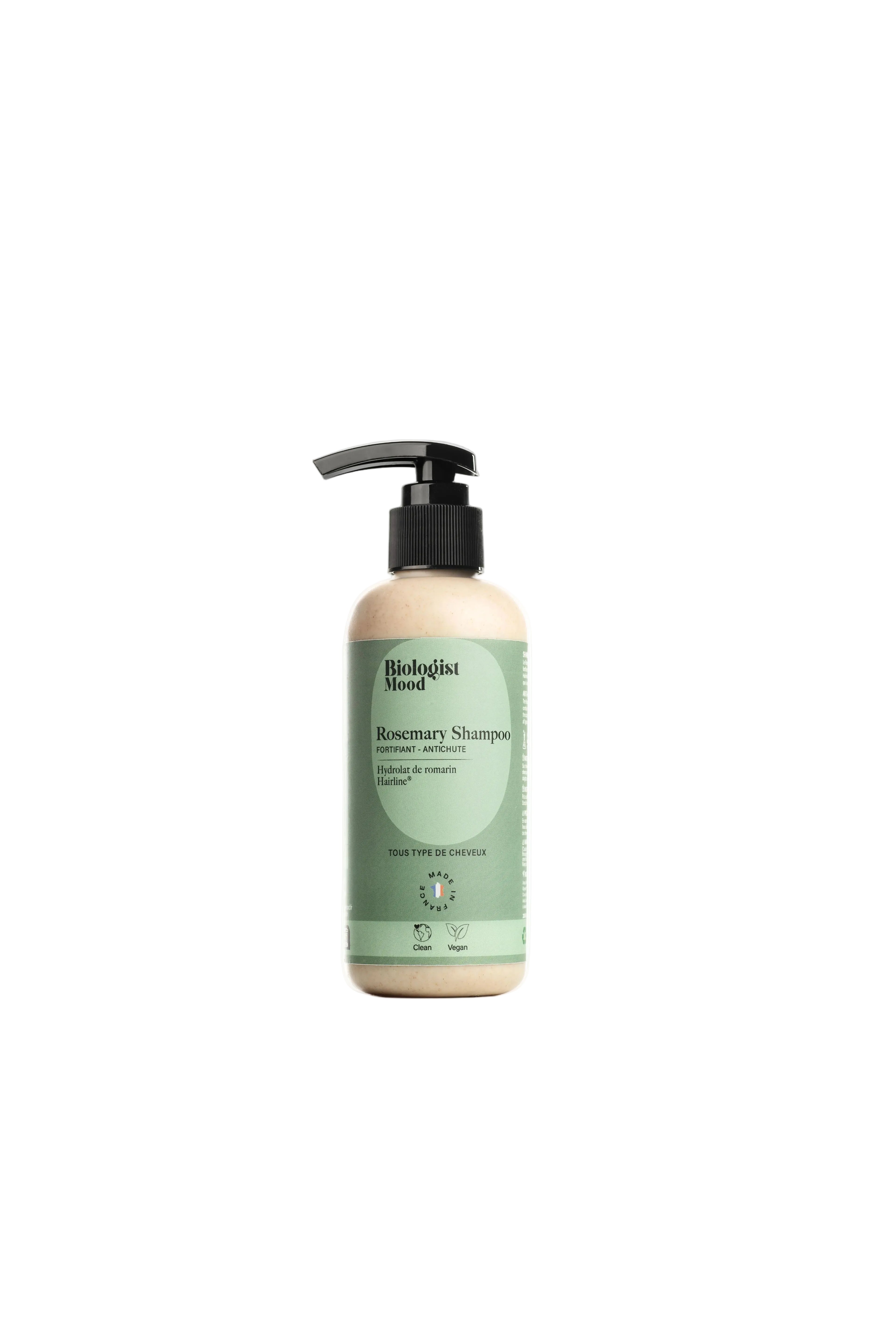 Flacon du shampoing fortifiant et anti-chute Biologist Mood au romarin, formulé pour tous types de cheveux.