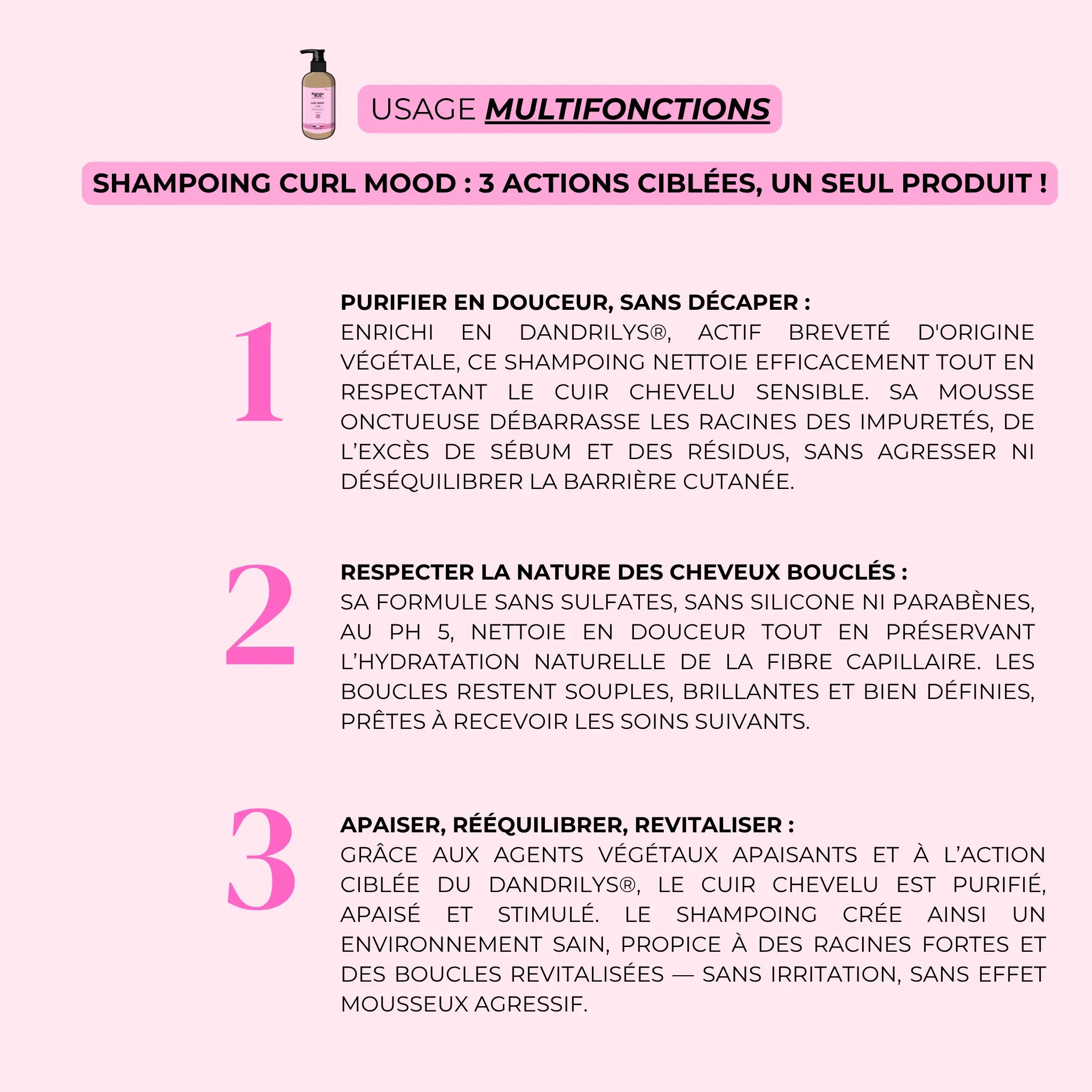 Utilisation du shampoing cheveux bouclés Curl Mood – routine en 3 étapes pour boucles hydratées et définies