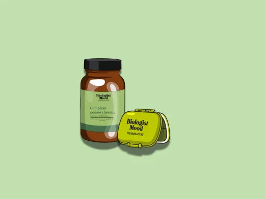 Complément Biologist Mood pour la pousse des cheveux, illustrant un produit capillaire naturel favorisant la santé et la croissance capillaire.