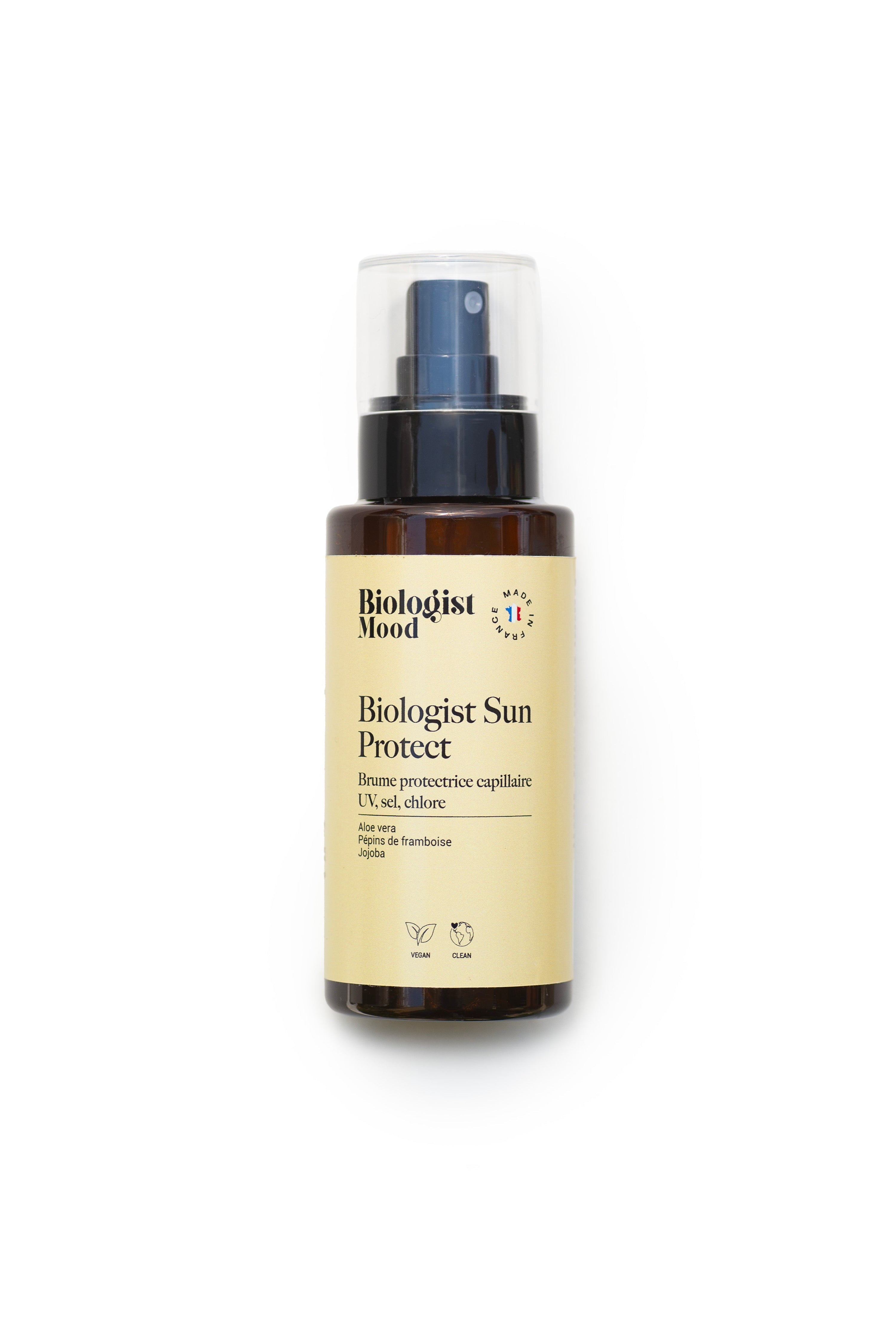 Spray protection solaire cheveux Biologist Mood enrichi en aloe vera, huile de jojoba et huile de framboise pour protéger les cheveux des UV et préserver la couleur.