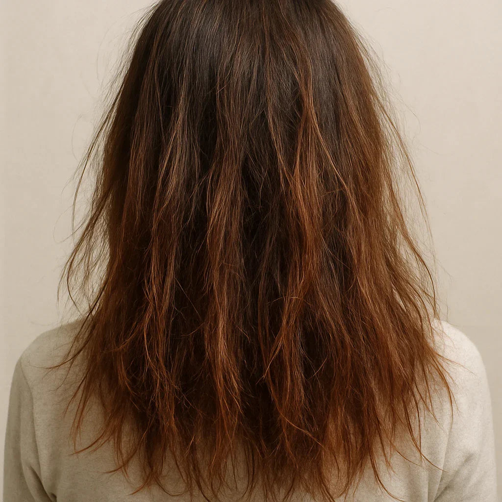 Cheveux secs et abîmés avant soin, longueurs ternes et fragilisées.