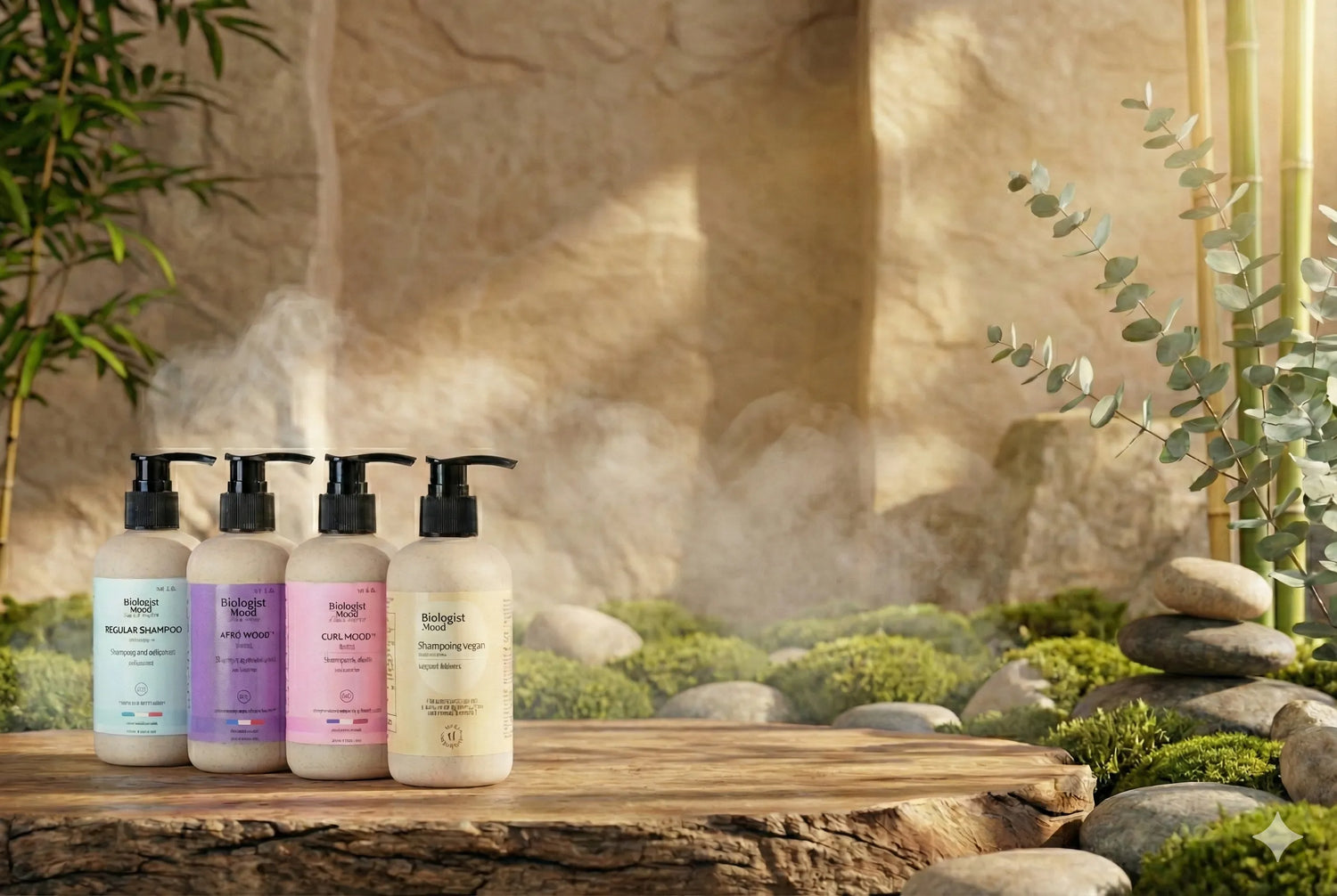 Gamme de shampoings sans sulfate Biologist Mood posés sur une table naturelle en bois, dans un décor végétal apaisant – idéale pour cuir chevelu sensible ou sujet à la dermite séborrhéique.