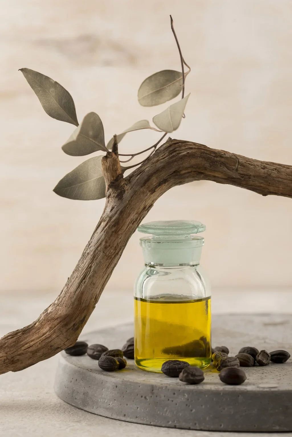 Natural hair oil for hair growth in glass bottle with dropper, plant-based ingredients to nourish scalp and promote stronger, thicker hair
