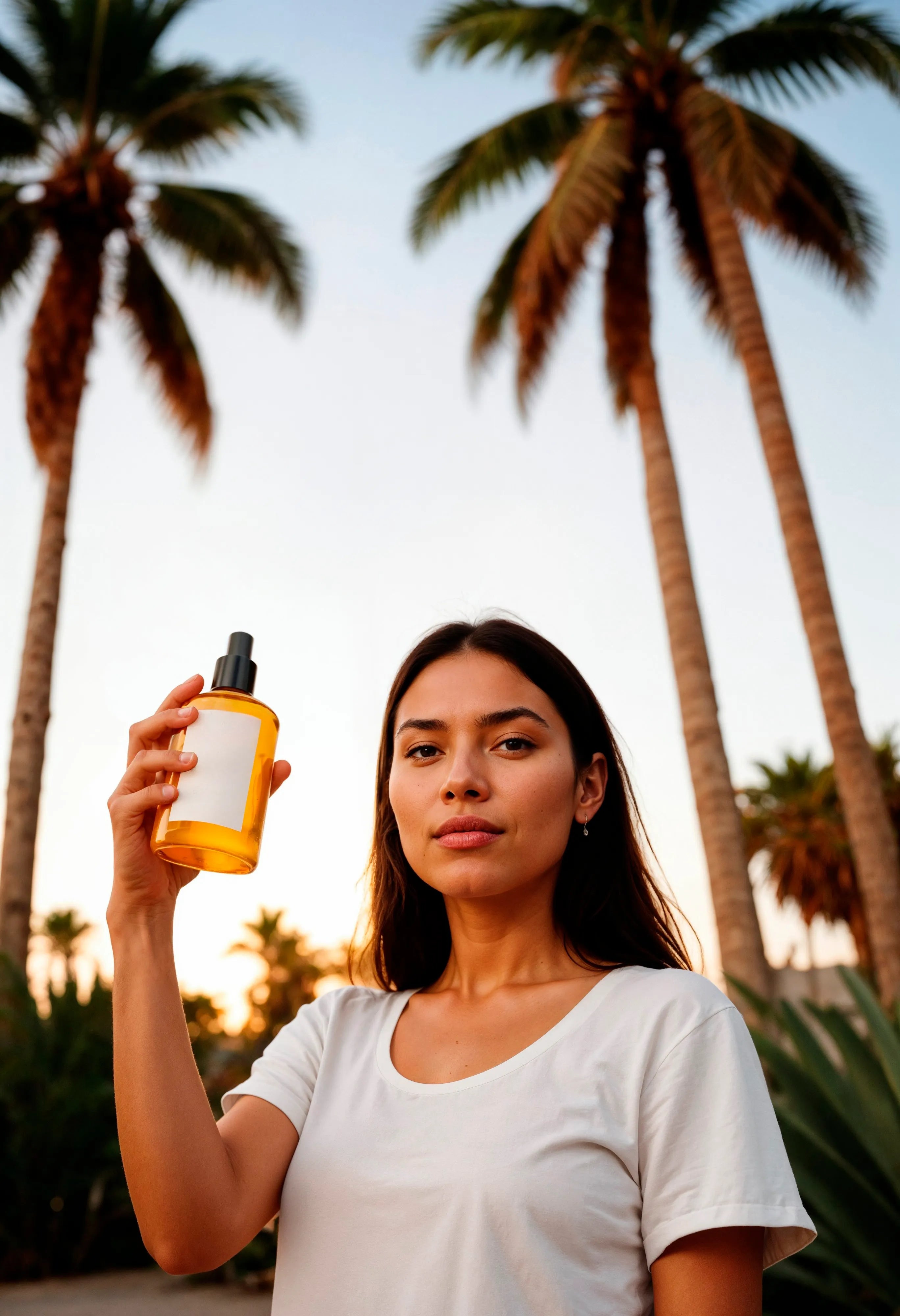 Femme utilisant un spray protection solaire cheveux pour protéger ses cheveux des UV sous le soleil d’été