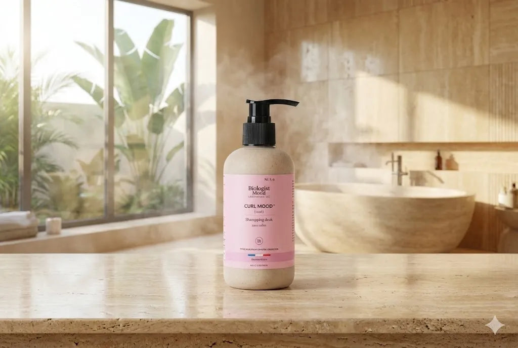 Flacon de shampoing sans sulfate pour cheveux bouclés Biologist Mood posé dans une salle de bain en bois clair, illustrant une routine capillaire douce et naturelle.
