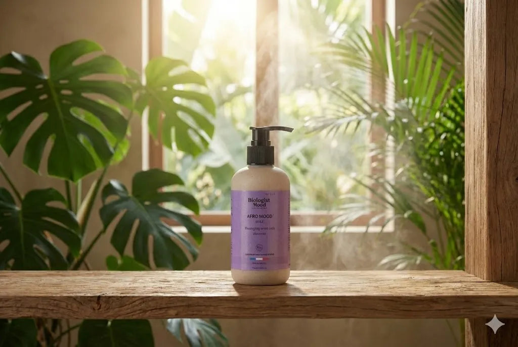 Flacon de shampoing sans sulfate Biologist Mood posé sur un meuble en bois dans une salle de bain végétale, baignée de lumière naturelle — parfait pour illustrer une routine capillaire douce.