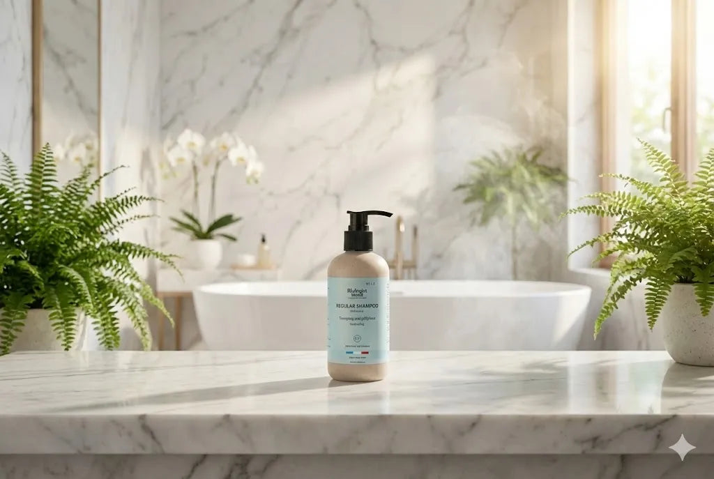 Shampoing sans sulfate Biologist Mood posé devant un lavabo en marbre, entouré de plantes vertes, dans une salle de bain lumineuse – symbole d’une routine capillaire saine et apaisante.