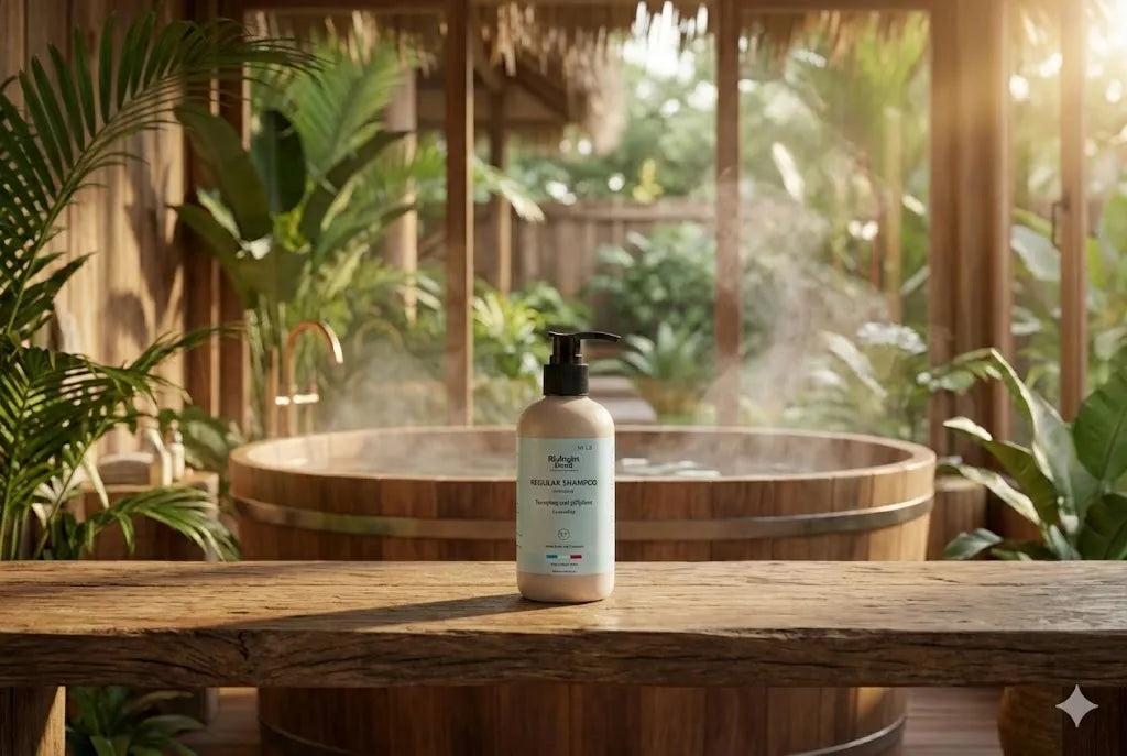 Bouteille de shampoing sans sulfate Biologist Mood posée sur un lavabo en bois, entourée de plantes et de lumière naturelle, illustrant une routine capillaire saine.