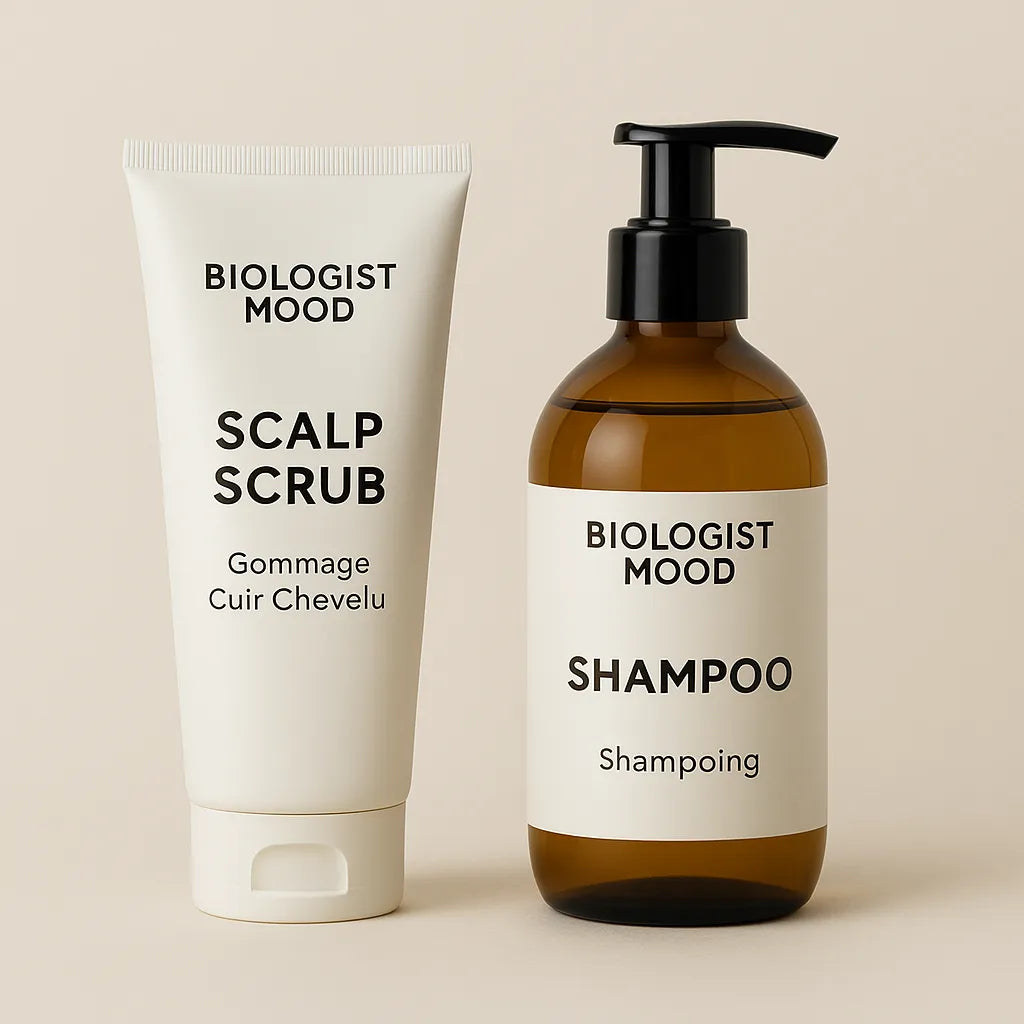 Comparatif entre gommage capillaire et shampoing Biologist Mood – soin du cuir chevelu, purification en profondeur et nettoyage doux.