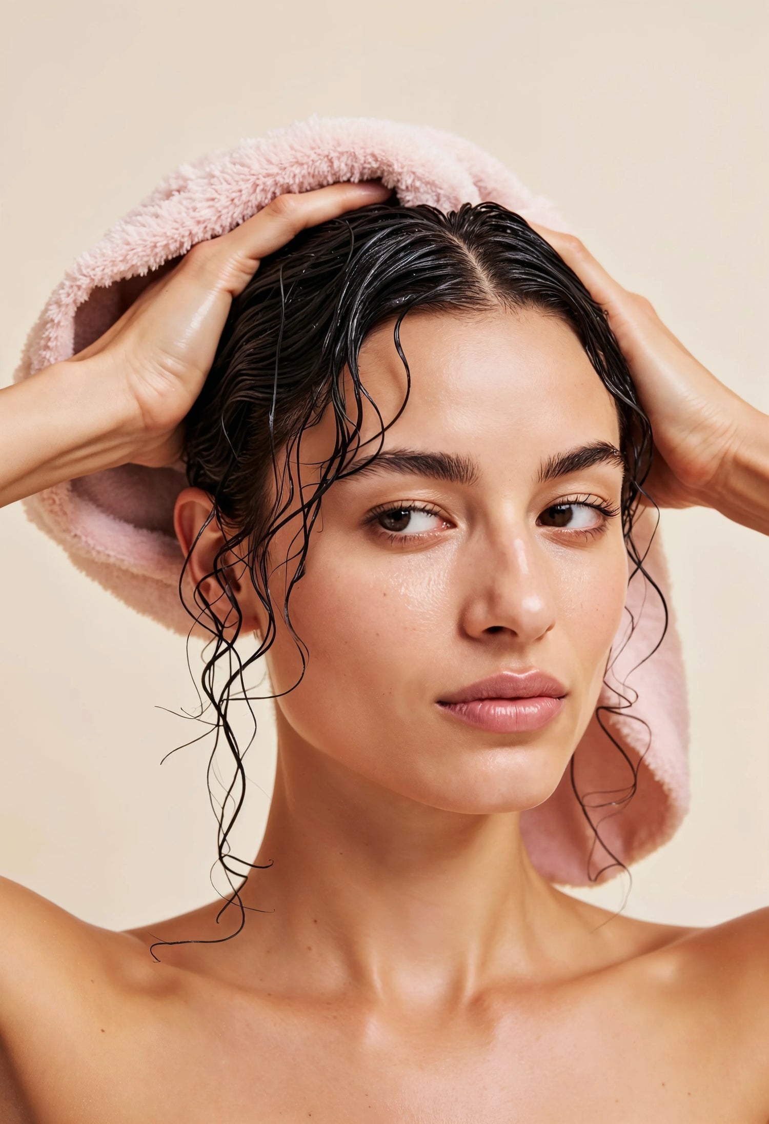 Femme avec cheveux mouillés enveloppés dans une serviette, après un nettoyage profond du cuir chevelu sous la douche