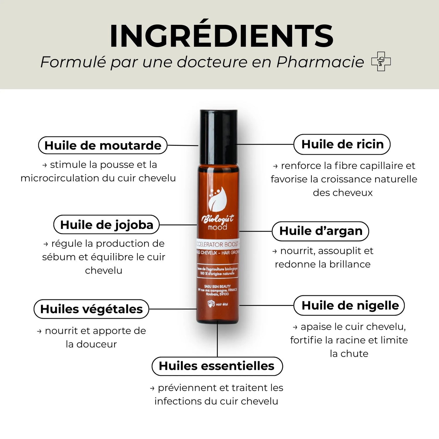 Roll-on pousse cheveux Biologist Mood – soin concentré à 3% d’huiles essentielles pour stimuler la repousse et densifier les racines