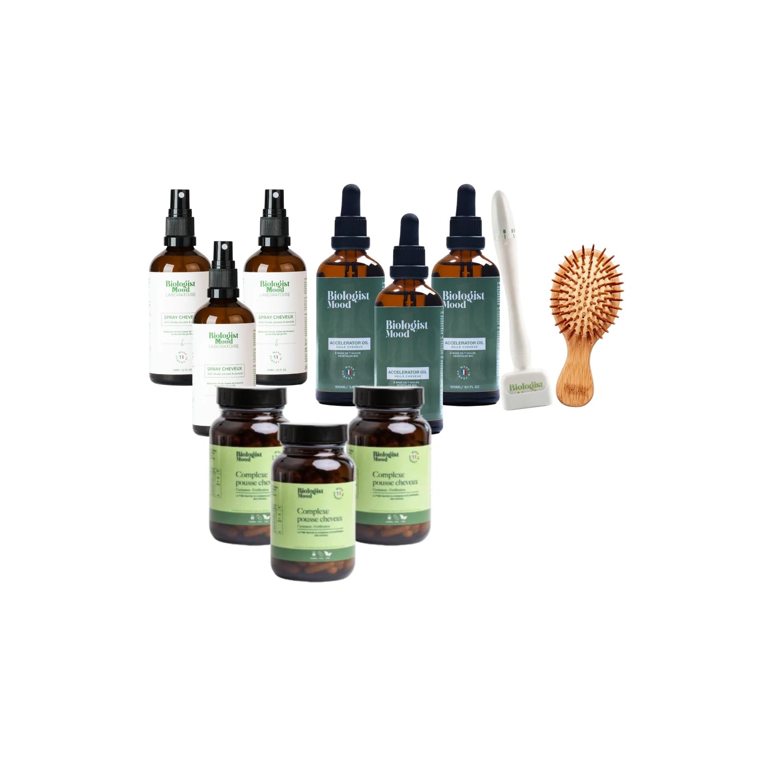 Routine complète anti-chute et densité capillaire avec compléments alimentaires, huile pousse cheveux, spray romarin et dermastamp