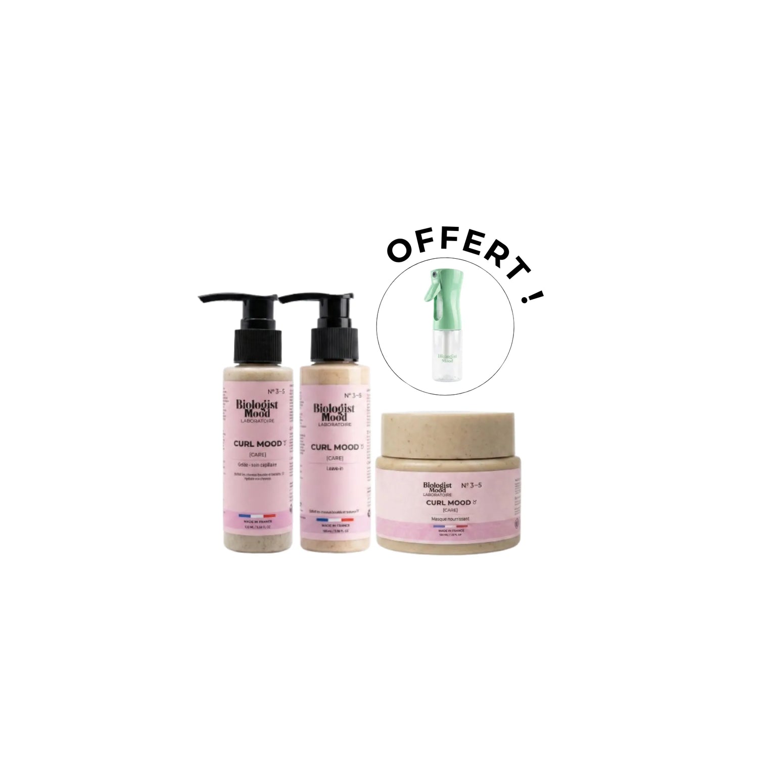 Pack capillaire Curl Mood Biologist Mood pour cheveux bouclés et frisés, comprenant gelée définissante, leave-in hydratant et masque nourrissant, avec vaporisateur offert pour une application uniforme des soins