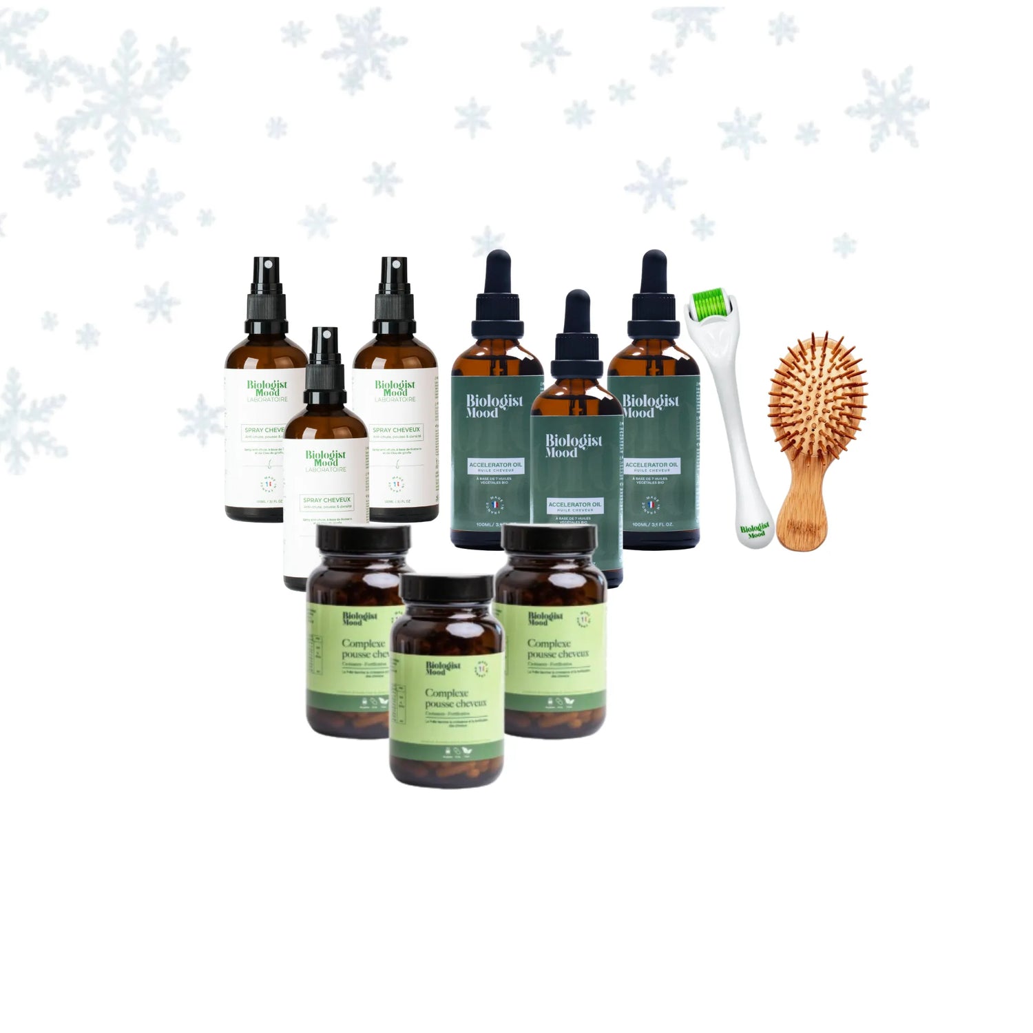 Pack capillaire Biologist Mood pour stimuler la pousse et lutter contre la chute des cheveux, comprenant huile de croissance, lotion au romarin, dermaroller, complément alimentaire et accessoires pour une routine capillaire complète
