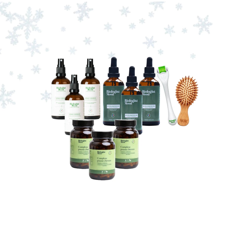 Pack capillaire Biologist Mood pour stimuler la pousse et lutter contre la chute des cheveux, comprenant huile de croissance, lotion au romarin, dermaroller, complément alimentaire et accessoires pour une routine capillaire complète
