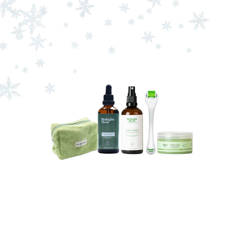 Pack capillaire Biologist Mood dédié au cuir chevelu, comprenant gommage purifiant, huile de pousse, lotion au romarin, dermaroller et trousse, pour stimuler la croissance et assainir le cuir chevelu
