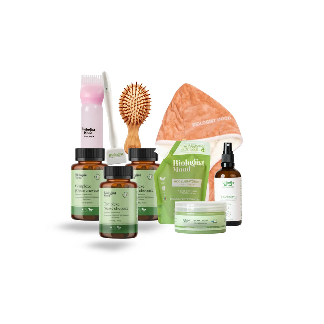 Programme repousse intense 6 mois Biologist Mood avec huile pousse cheveux, gommage capillaire, brosse bambou, serviette microfibre et accessoires