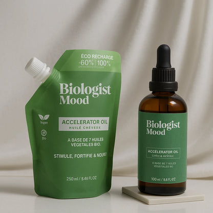  Huile capillaire Biologist Mood Accelerator Oil en version éco-recharge et flacon en verre pour une routine capillaire durable