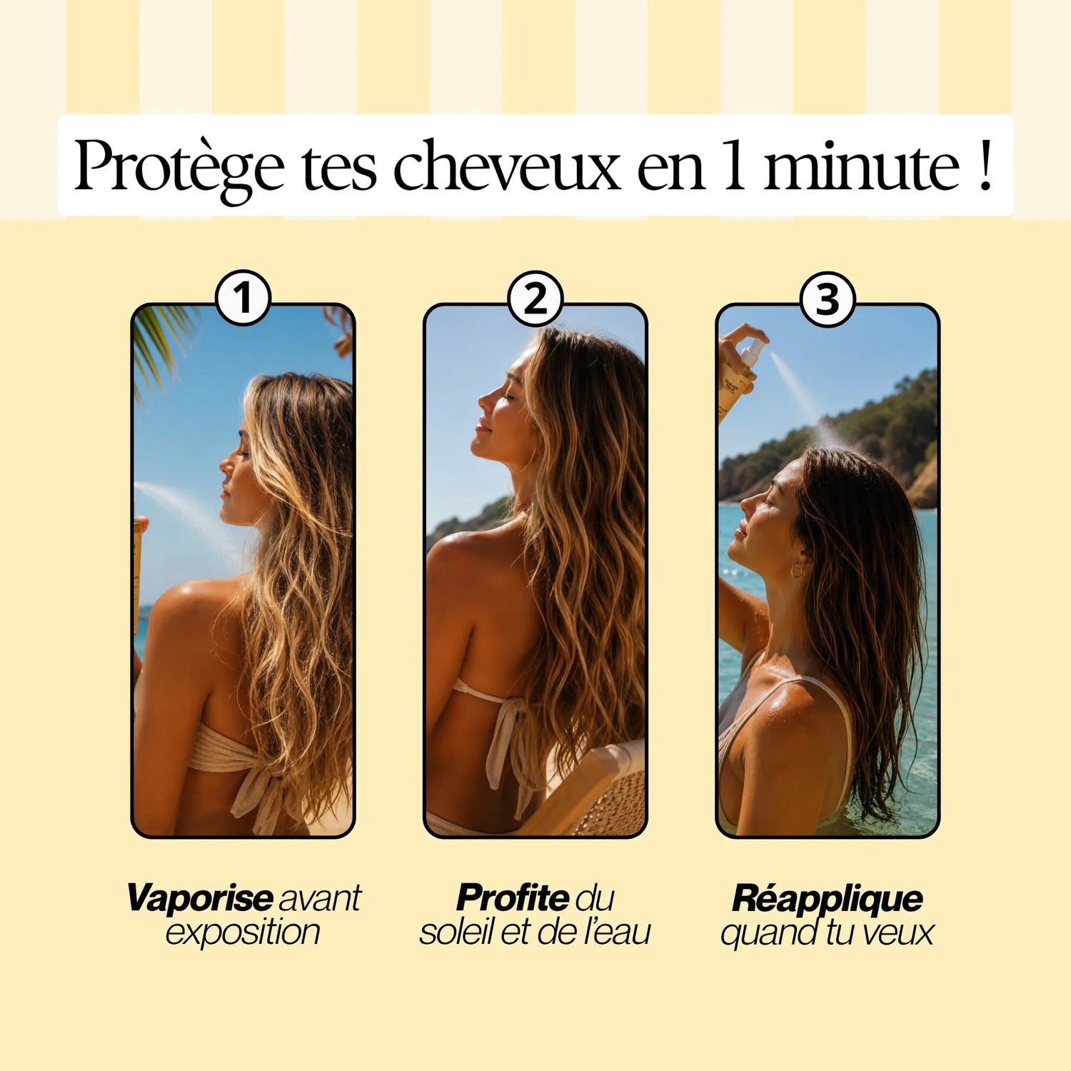 Spray protection cheveux soleil facile à appliquer avant l’exposition, après la baignade et tout au long de la journée