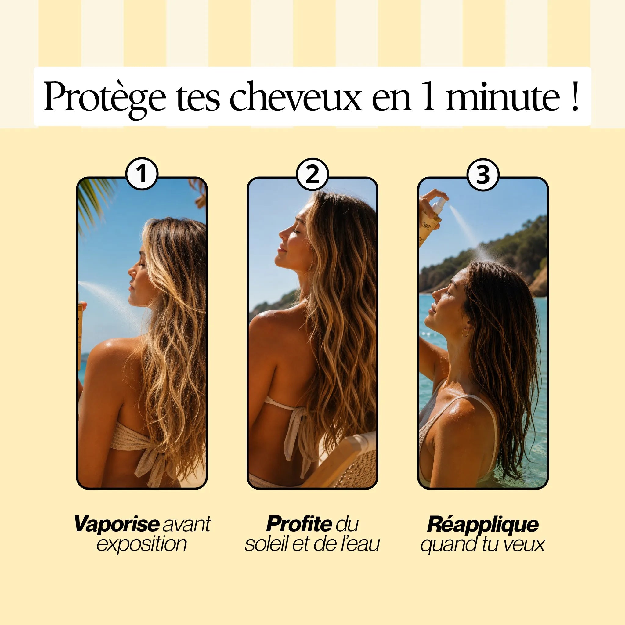 Spray protection cheveux soleil facile à appliquer avant l’exposition, après la baignade et tout au long de la journée