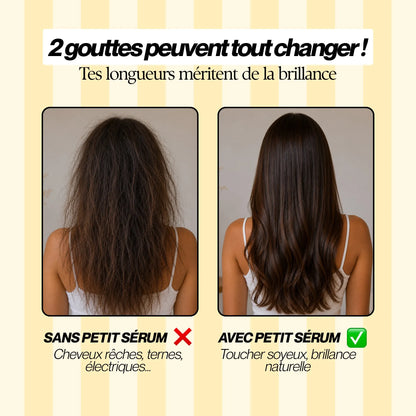 Avant après sérum cheveux montrant des cheveux secs et ternes transformés en cheveux brillants, lisses et soyeux grâce à un sérum capillaire nourrissant