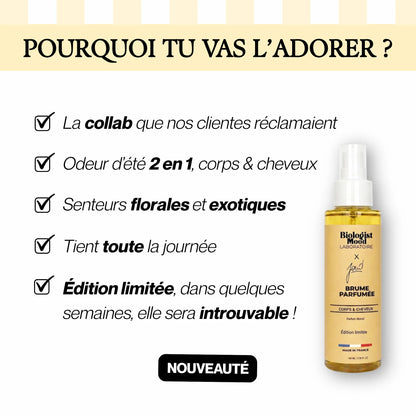 Brume parfumée Monoï Biologist Mood x Joud pour cheveux et corps, aux senteurs florales et exotiques, longue tenue et édition limitée estivale.