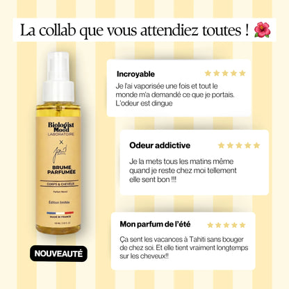 Avis clients sur la brume parfumée Monoï Biologist Mood x Joud, parfum solaire longue tenue aux notes exotiques de monoï de Tahiti pour cheveux et corps.