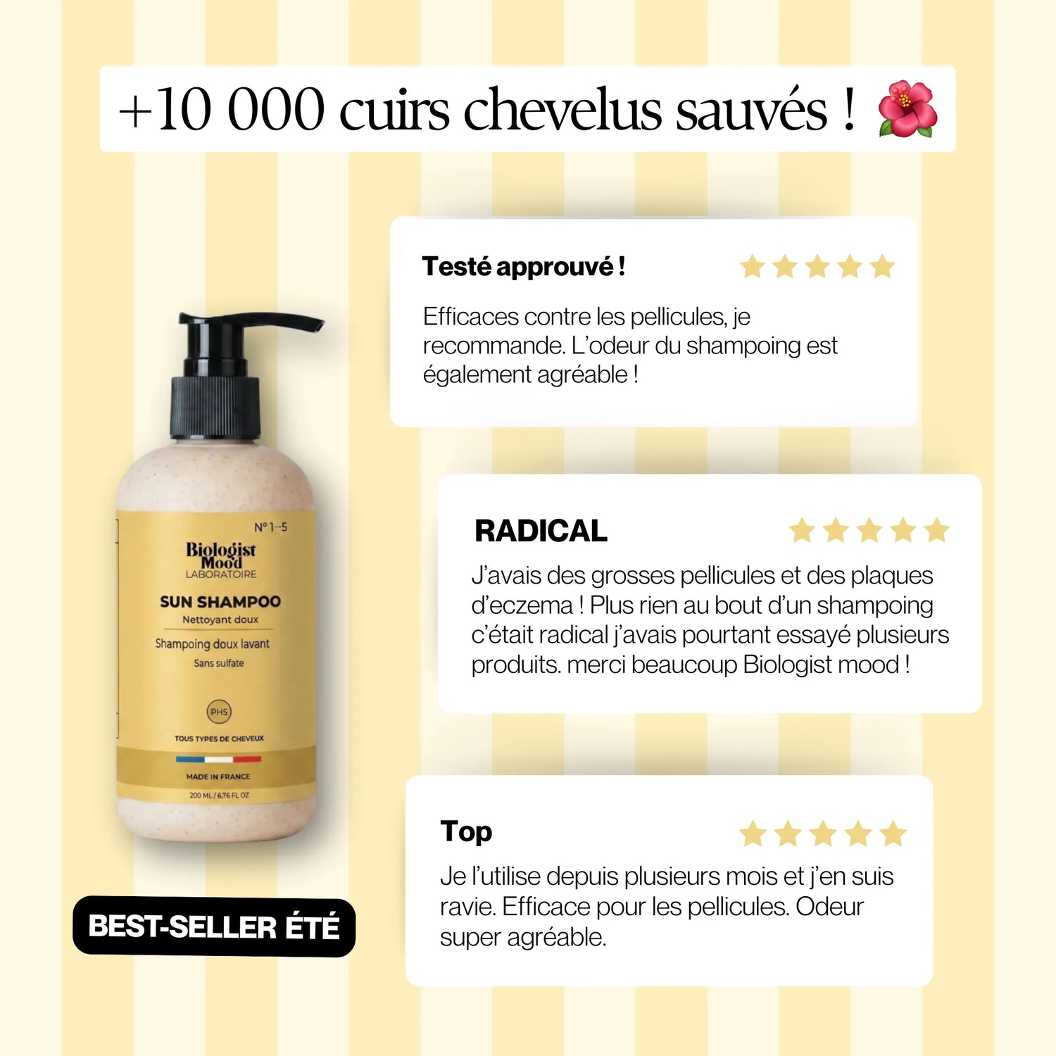 Avis clients 5 étoiles sur la brume parfumée Monoï Biologist Mood x Joud, parfum solaire pour cheveux et corps aux notes exotiques de monoï de Tahiti.