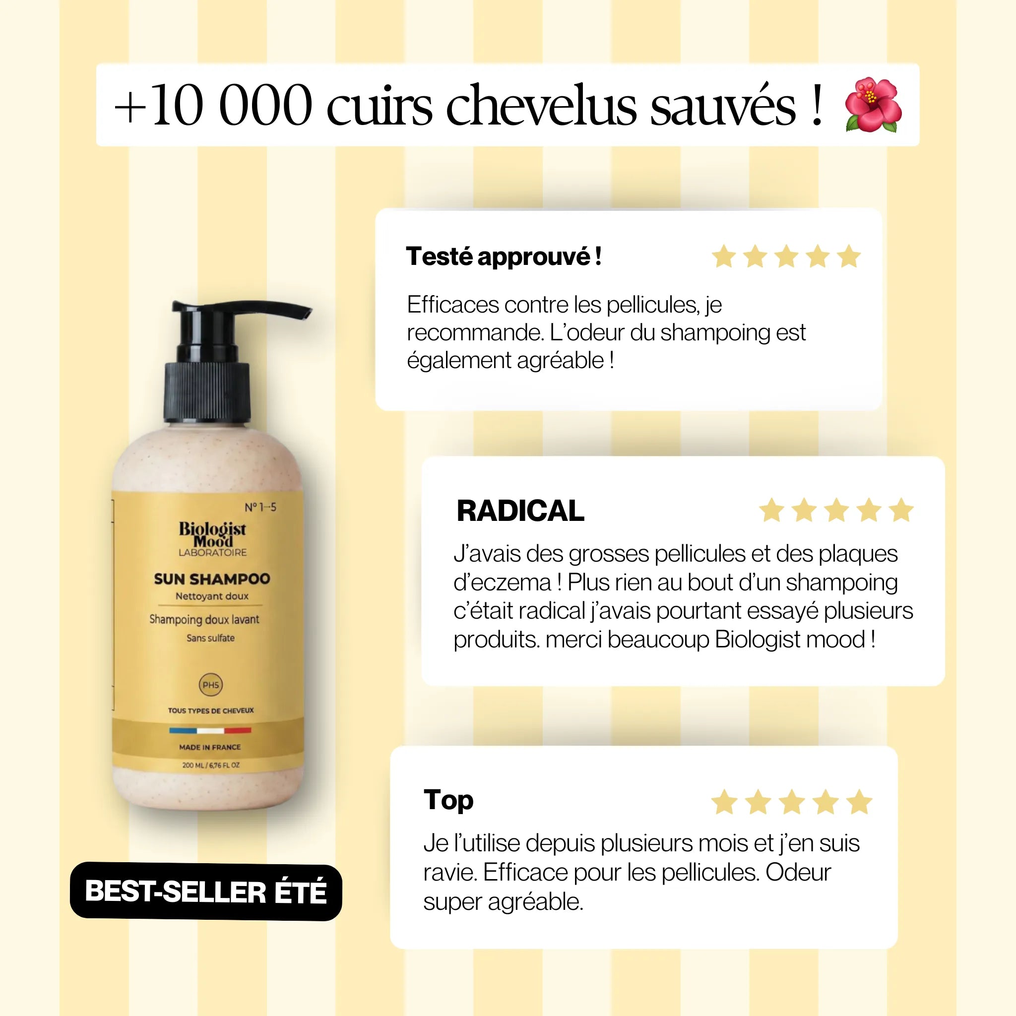 Avis clients 5 étoiles sur la brume parfumée Monoï Biologist Mood x Joud, parfum solaire pour cheveux et corps aux notes exotiques de monoï de Tahiti.