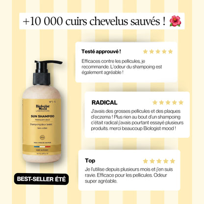 Avis clients 5 étoiles sur la brume parfumée Monoï Biologist Mood x Joud, parfum solaire pour cheveux et corps aux notes exotiques de monoï de Tahiti.