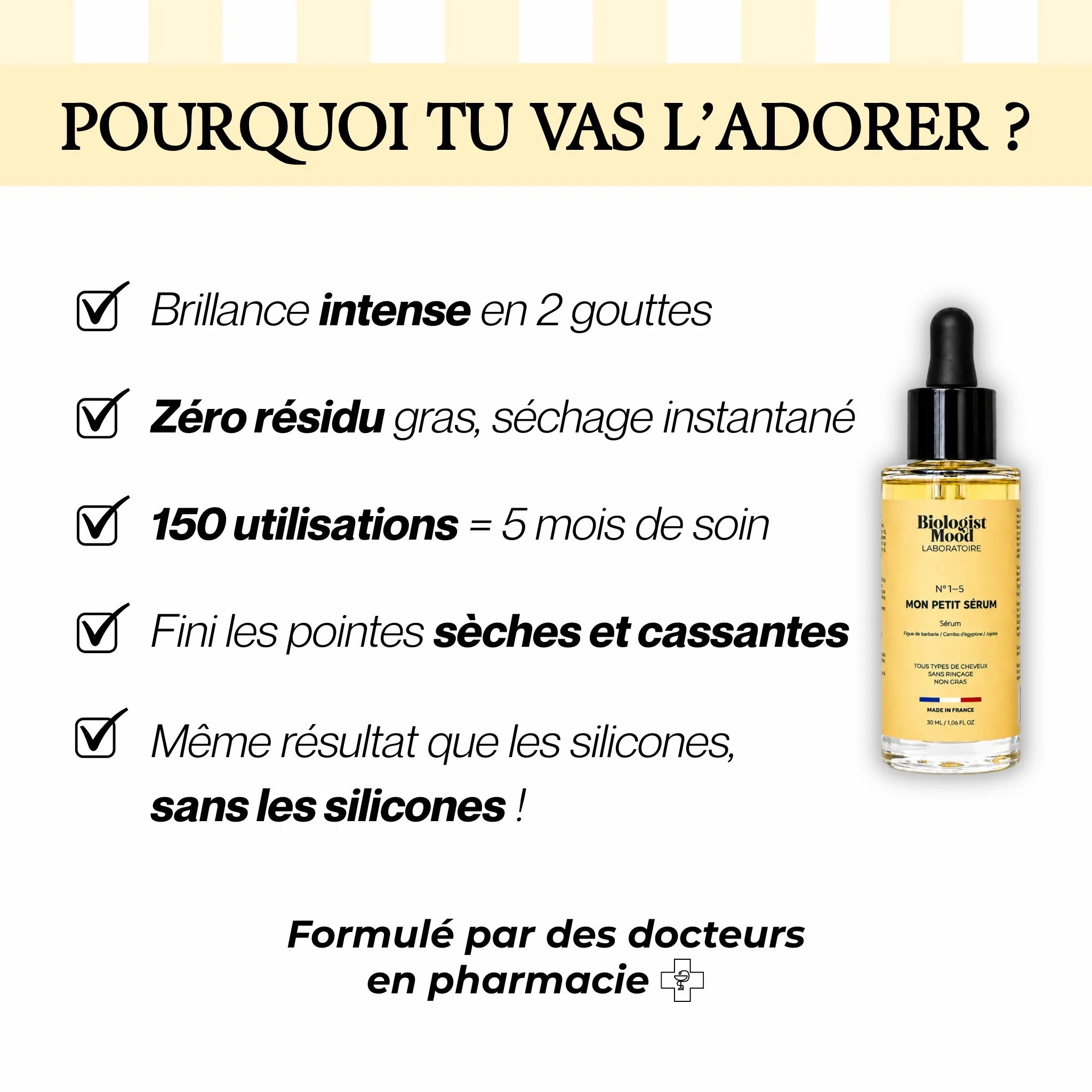 Sérum cheveux pour cheveux secs apportant une brillance intense, réduisant les frisottis et protégeant les pointes sèches grâce à des actifs végétaux nourrissants