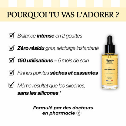 Sérum cheveux pour cheveux secs apportant une brillance intense, réduisant les frisottis et protégeant les pointes sèches grâce à des actifs végétaux nourrissants