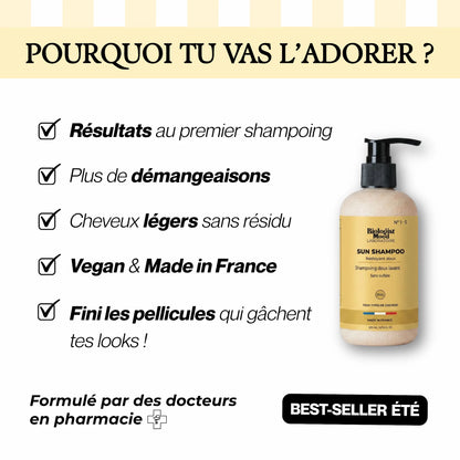 Bienfaits du shampoing solaire sans sulfate Biologist Mood : anti-démangeaisons, anti-pellicules, cheveux légers, formule vegan et fabriquée en France.