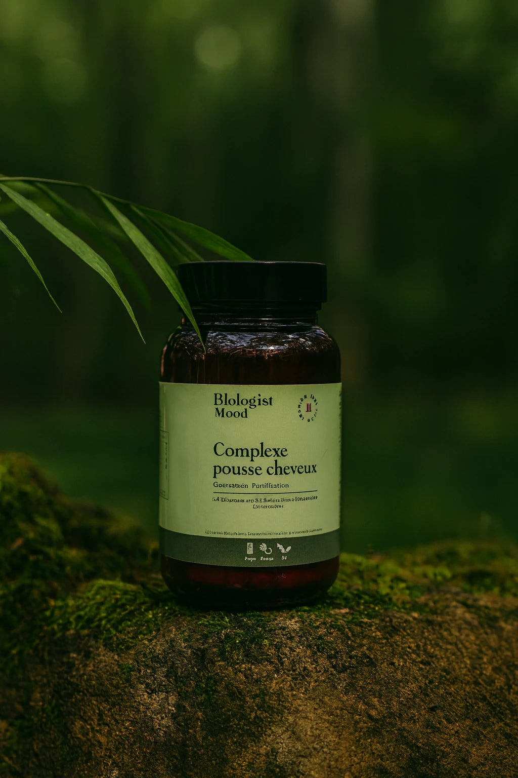 Complément alimentaire Biologist Mood Complexe Pousse Cheveux sur fond vert naturel, photographie éditoriale minimaliste illustrant la croissance capillaire et la beauté végétale.