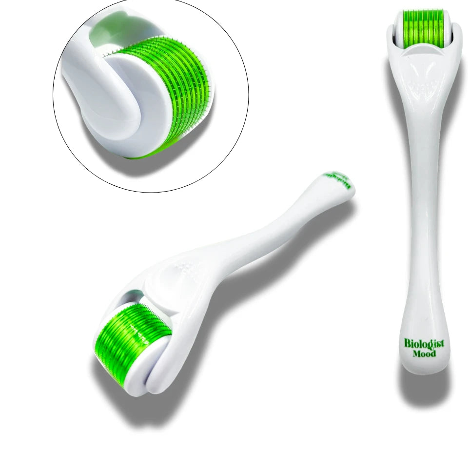 Deux vues du Derma Roller Biologist Mood avec détails du rouleau vert
