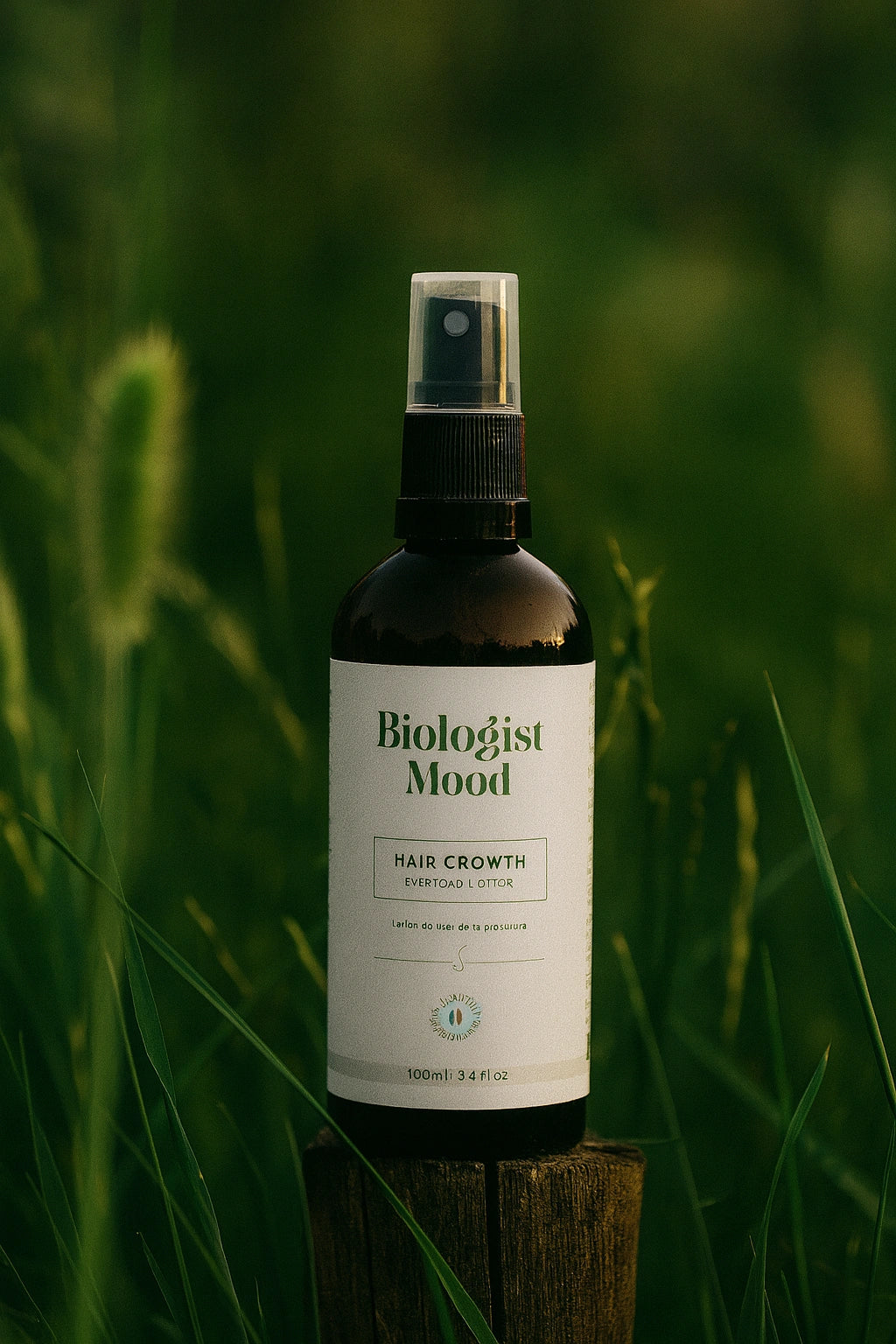 Spray pousse cheveux Biologist Mood posé sur un fond naturel avec de l’herbe verte, symbole de soin capillaire végétal et de croissance naturelle des cheveux.