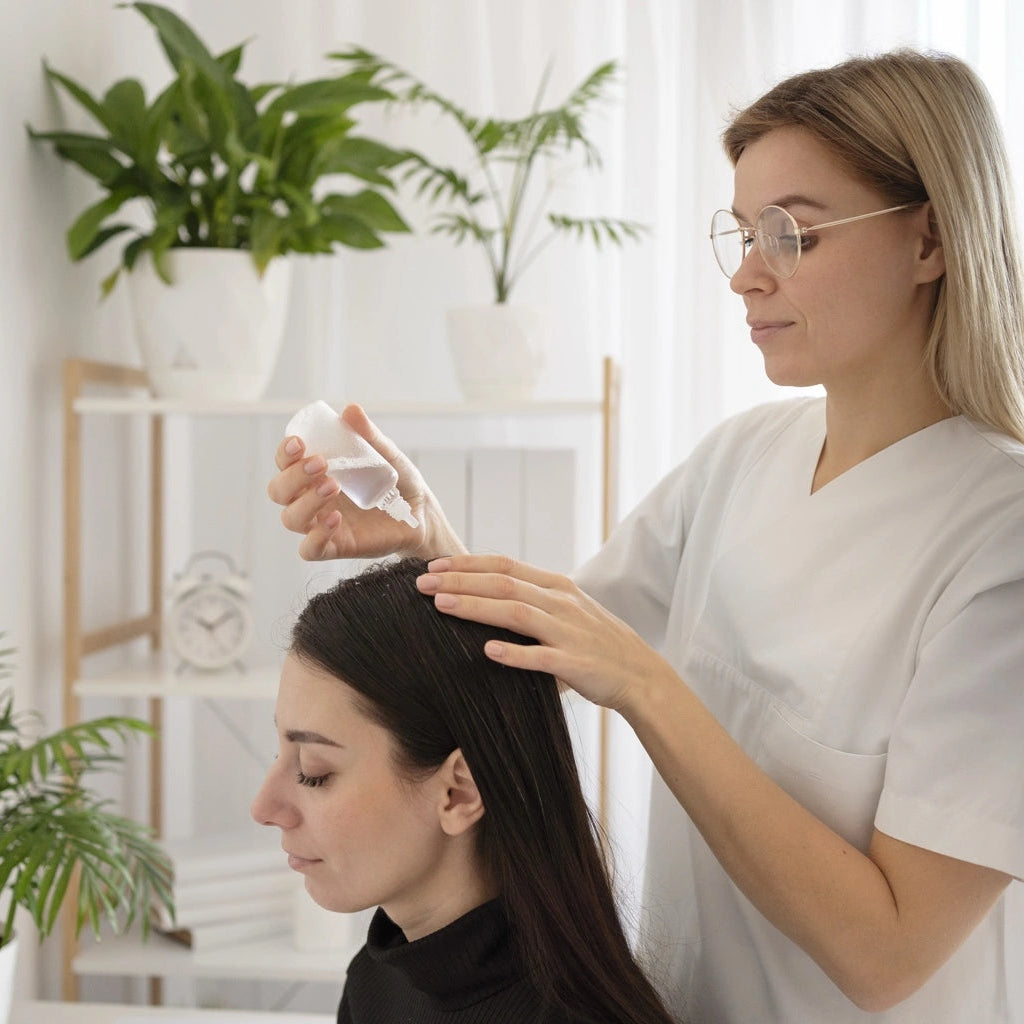 Application d’un traitement naturel sur le cuir chevelu pour stimuler la pousse des cheveux et renforcer les racines, dans un environnement sain et apaisant.