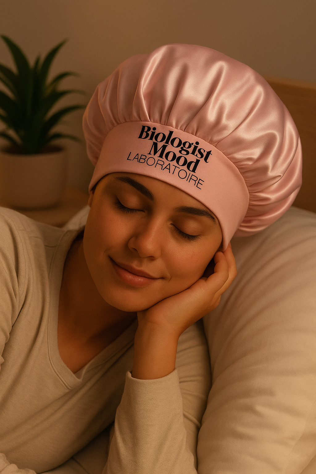 Bonnet en satin anti-frisotis rose Biologist Mood