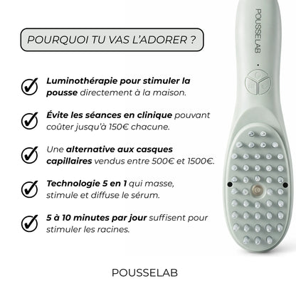 Brosse capillaire 5 en 1 POUSSELAB avec picots massants et lumière pour stimuler la pousse des cheveux et améliorer la circulation du cuir chevelu.
